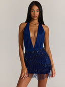 Arielle | Beaded Fringe Mini Dress – Evening Plunge Halter Neck Sequin Trim