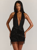 Arielle | Beaded Fringe Mini Dress – Evening Plunge Halter Neck Sequin Trim
