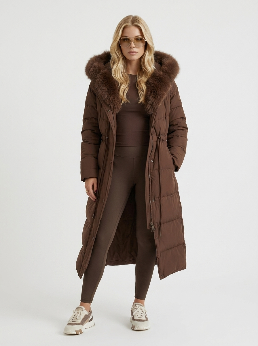Arwen | Long Quilted Puffer Coat – Winter Hooded Drawstring Waist Zip Front