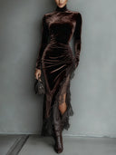 Asha | Ruched Velvet Maxi Dress – Evening Turtleneck Long Sleeve Lace Slit