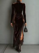 Asha | Ruched Velvet Maxi Dress – Evening Turtleneck Long Sleeve Lace Slit