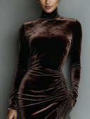 Asha | Ruched Velvet Maxi Dress – Evening Turtleneck Long Sleeve Lace Slit