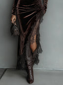 Asha | Ruched Velvet Maxi Dress – Evening Turtleneck Long Sleeve Lace Slit