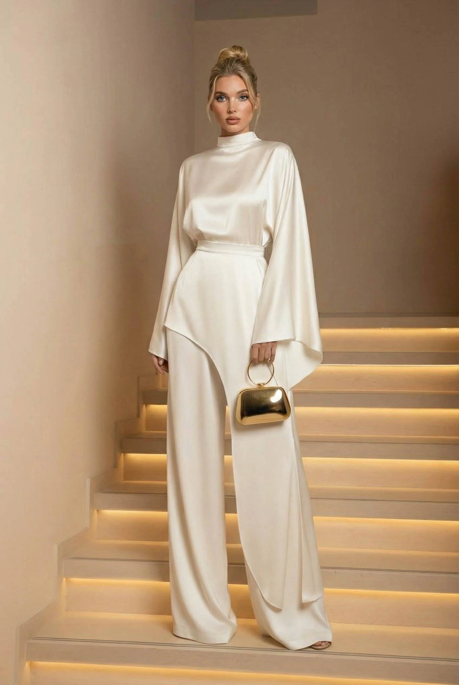 Aspyn | High Neck Two Piece Set – Evening Asymmetric Top Wide Leg Pants