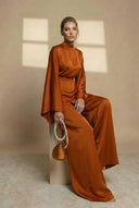 Aspyn | High Neck Two Piece Set – Evening Asymmetric Top Wide Leg Pants