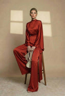 Aspyn | High Neck Two Piece Set – Evening Asymmetric Top Wide Leg Pants
