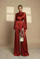 Aspyn | High Neck Two Piece Set – Evening Asymmetric Top Wide Leg Pants