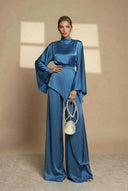 Aspyn | High Neck Two Piece Set – Evening Asymmetric Top Wide Leg Pants