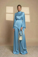 Aspyn | High Neck Two Piece Set – Evening Asymmetric Top Wide Leg Pants