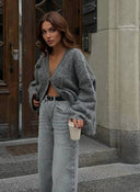 Aubree | Oversized Textured Cardigan – V Neck Button Front Long Sleeve