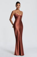 Aubriana | Satin Maxi Dress – Evening Sweetheart Neck Spaghetti Straps Lace Up Back