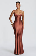 Aubriana | Satin Maxi Dress – Evening Sweetheart Neck Spaghetti Straps Lace Up Back