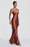 Aubriana | Satin Maxi Dress – Evening Sweetheart Neck Spaghetti Straps Lace Up Back