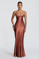 Aubriana | Satin Maxi Dress – Evening Sweetheart Neck Spaghetti Straps Lace Up Back