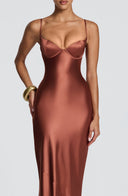 Aubriana | Satin Maxi Dress – Evening Sweetheart Neck Spaghetti Straps Lace Up Back