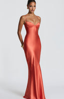 Aubriana | Satin Maxi Dress – Evening Sweetheart Neck Spaghetti Straps Lace Up Back
