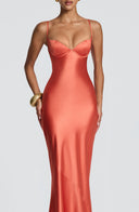 Aubriana | Satin Maxi Dress – Evening Sweetheart Neck Spaghetti Straps Lace Up Back