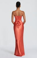 Aubriana | Satin Maxi Dress – Evening Sweetheart Neck Spaghetti Straps Lace Up Back