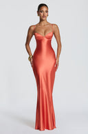 Aubriana | Satin Maxi Dress – Evening Sweetheart Neck Spaghetti Straps Lace Up Back