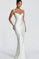 Aubriana | Satin Maxi Dress – Evening Sweetheart Neck Spaghetti Straps Lace Up Back