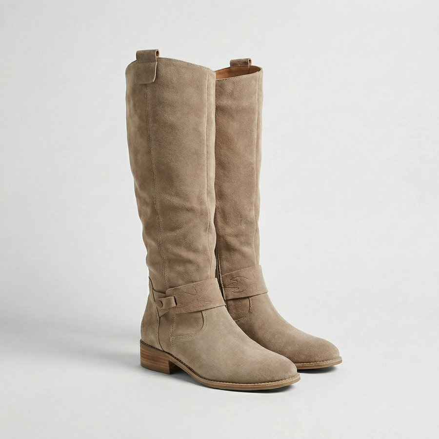 Audrey | Knee High Boots – Western Round Toe Block Heel Harness Strap