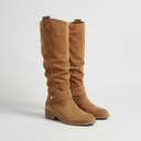 Audrey | Knee High Boots – Western Round Toe Block Heel Harness Strap
