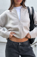 Augusta | Zip Front Knit Cardigan – Crew Neck Drop Shoulder Long Sleeve