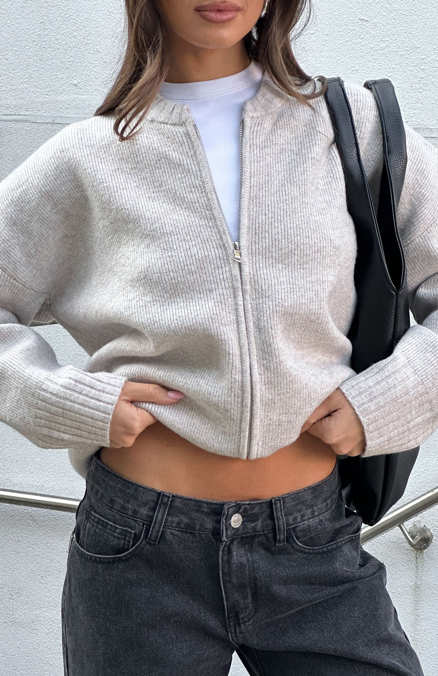 Augusta | Zip Front Knit Cardigan – Crew Neck Drop Shoulder Long Sleeve