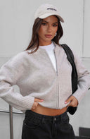 Augusta | Zip Front Knit Cardigan – Crew Neck Drop Shoulder Long Sleeve