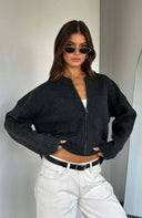 Augusta | Zip Front Knit Cardigan – Crew Neck Drop Shoulder Long Sleeve