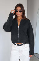 Augusta | Zip Front Knit Cardigan – Crew Neck Drop Shoulder Long Sleeve
