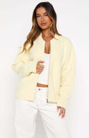 Augusta | Zip Front Knit Cardigan – Crew Neck Drop Shoulder Long Sleeve