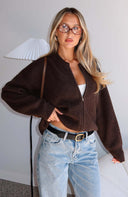Augusta | Zip Front Knit Cardigan – Crew Neck Drop Shoulder Long Sleeve