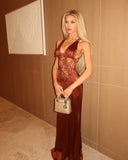 Avelina | Lace Panel Maxi Dress – Evening Plunge Neck Open Back Cross Straps