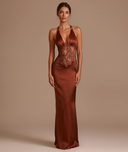 Avelina | Lace Panel Maxi Dress – Evening Plunge Neck Open Back Cross Straps