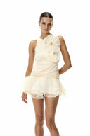 Ayleen | Halter Neck 3D Flower Mini – Ruched Ruffle Skirt Cocktail Party Dress