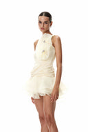 Ayleen | Halter Neck 3D Flower Mini – Ruched Ruffle Skirt Cocktail Party Dress