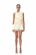 Ayleen | Halter Neck 3D Flower Mini – Ruched Ruffle Skirt Cocktail Party Dress