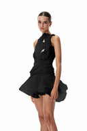 Ayleen | Halter Neck 3D Flower Mini – Ruched Ruffle Skirt Cocktail Party Dress