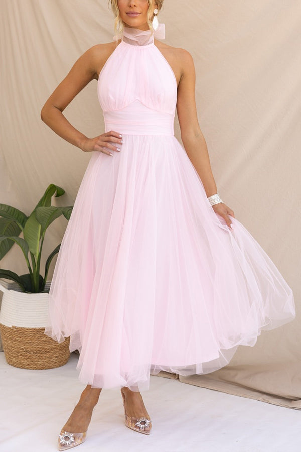 Aylin | Tulle Halter Midi Dress – High Neck Bow Tie Gathered Wedding Guest Gown