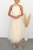 Aylin | Tulle Halter Midi Dress – High Neck Bow Tie Gathered Wedding Guest Gown