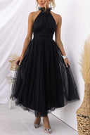 Aylin | Tulle Halter Midi Dress – High Neck Bow Tie Gathered Wedding Guest Gown