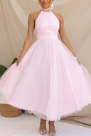 Aylin | Tulle Halter Midi Dress – High Neck Bow Tie Gathered Wedding Guest Gown