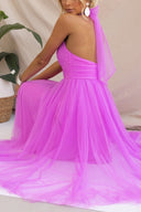 Aylin | Tulle Halter Midi Dress – High Neck Bow Tie Gathered Wedding Guest Gown