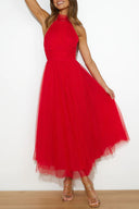 Aylin | Tulle Halter Midi Dress – High Neck Bow Tie Gathered Wedding Guest Gown