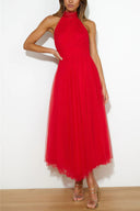 Aylin | Tulle Halter Midi Dress – High Neck Bow Tie Gathered Wedding Guest Gown