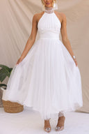 Aylin | Tulle Halter Midi Dress – High Neck Bow Tie Gathered Wedding Guest Gown