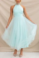 Aylin | Tulle Halter Midi Dress – High Neck Bow Tie Gathered Wedding Guest Gown