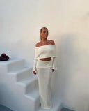 Azaria | Summer Knit Off Shoulder Two Piece Set – Crop Top Maxi Skirt Co-ord