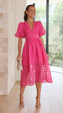 Bailey | Puff Sleeve Check Midi Dress – V Neck Button Front Garden Party